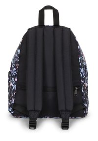 Zaino nero con spallacci imbottiti e motivo floreale colorato sulla parte anteriore. Include una tasca con cerniera sul lato.