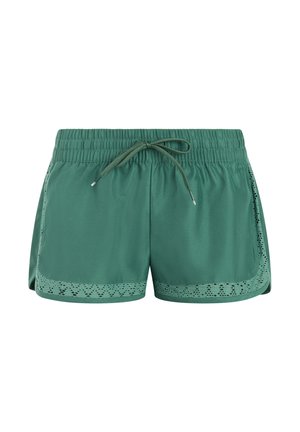 Groene sportkorte broek met een elastische tailleband, trekkoord en geperforeerde kanten rand langs de zijkanten en onderranden.