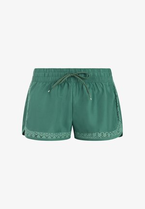 Groene sportkorte broek met een elastische tailleband, trekkoord en geperforeerde kanten rand langs de zijkanten en onderranden.