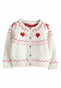 Textured cream cardigan with red and light pink hearts, zigzag patterns, and decorative buttons. Features a round neckline and ribbed cuffs.