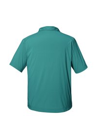 Polo shirt turchese a maniche corte con colletto, realizzato in tessuto testurizzato, caratterizzato da un design senza cuciture con orlo dritto.