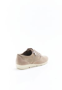 Zapatillas de ante beige con un perfil bajo, puntera redonda, cordones y cremalleras laterales; presenta un diseño liso y minimalista con acentos texturizados.