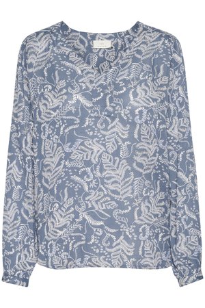 Long-sleeve blouse in light blue fabric, featuring white botanical print, V-neckline, and gathered cuffs. Fluid silhouette with delicate texture.