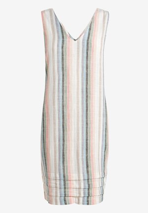 Robe sans manches à col en V avec des rayures verticales dans des couleurs pastel atténuées, incluant du rose, bleu, vert et beige, avec un ourlet légèrement froncé.
