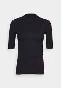 Black short-sleeve top featuring a high neckline. Made of ribbed fabric, it has a form-fitting shape and smooth texture.