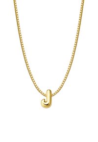 Arany nyaklánc doboz lánc mintázattal és egy textúrázott 'J' betű medállal, sima felülettel és ívelt formával.