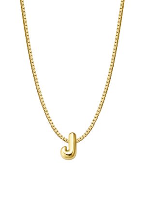 Zelta kaklarota ar kastīšu ķēdes dizainu un teksturētu burta 'J' piekariņu, kas izceļas ar gludu apdari un izliekumu.