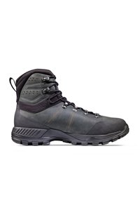 Zwart en donkergrijze hoge wandelschoen met robuust zoolprofiel, metalen oogjes, gevoerde enkelkraag en trek-lus aan de achterkant.