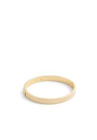 Gold-colored bangle bracelet with a smooth finish, featuring a decorative pattern and small clear gemstones embedded along the front.