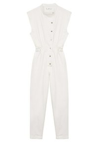 Mono de mezclilla blanco con mangas cortas, collar alto, cierre de botones en el frente, cinturilla elástica y diseño de pierna recta. Estilo minimalista.