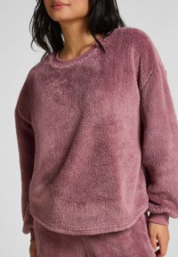 Fleece pullover in een zachte mauve kleur, met een ronde halslijn, lange mouwen en een pluche textuur met een licht gebogen zoom.