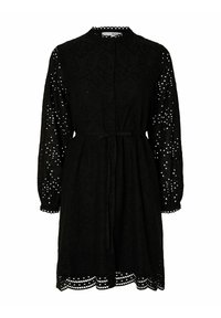 Schwarzes Kleid mit Knopfverschluss, langen Ärmeln mit perforierten Details und tailliertem Schnitt; gewellter Saum mit Ausschnitten.