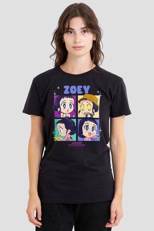 Young woman wearing black T-shirt with four colorful cartoon faces of a character named Zoey from "K-pop Demon Hunters."