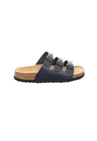 Marineblaue Slide-Sandale mit drei verstellbaren Riemen, Korkfußbett, Gummisohle und glatter Textur mit minimalistischem Design.