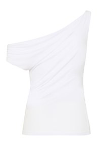 Top bianco off-the-shoulder con un design drappeggiato, texture liscia e silhouette aderente. Senza hardware o decorazioni visibili.