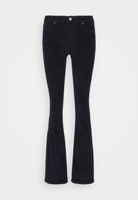 Marineblauwe corduroy flared jeans met voorzakken, riemlussen, zilverkleurige details en een zachte textuurafwerking. Tapse taille die overgaat in uitlopende pijpen.
