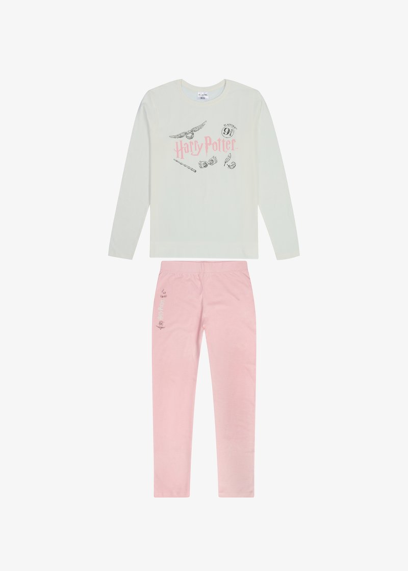 Langärmliges hellgraues Oberteil mit "Harry Potter" Grafik und thematischen Illustrationen, kombiniert mit rosa Schlafanzughosen mit ähnlichem Branding.