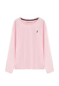 Camiseta de algodón de manga larga en color rosa claro, con cuello redondo, que presenta un pequeño logo en silueta negra en el pecho. Textura suave.