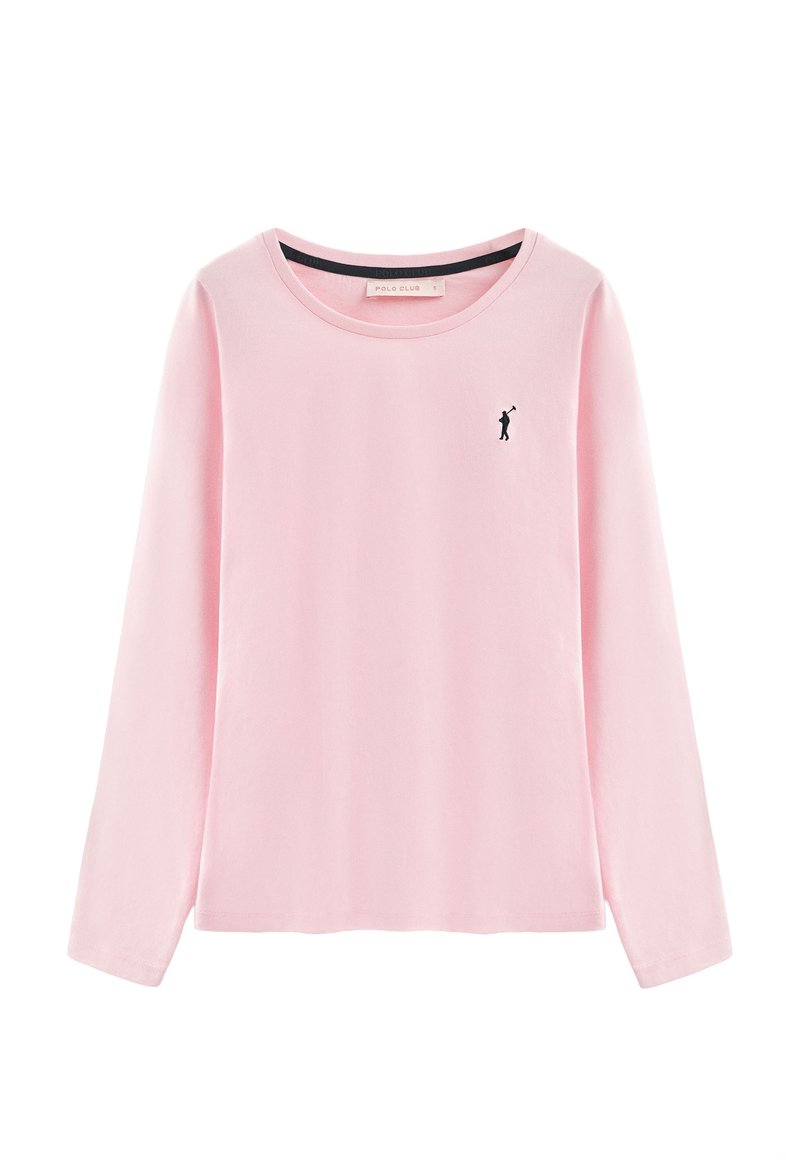 Camiseta de algodón de manga larga en color rosa claro, con cuello redondo, que presenta un pequeño logo en silueta negra en el pecho. Textura suave.