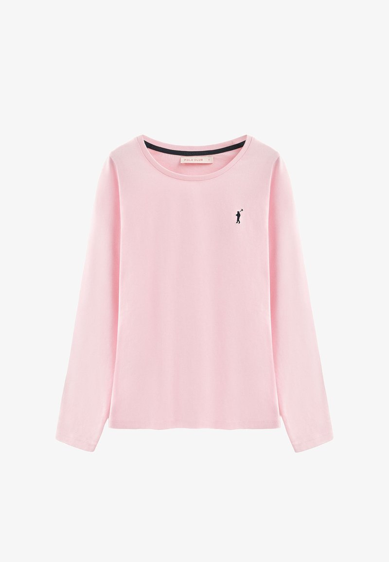 Camiseta de algodón de manga larga en color rosa claro, con cuello redondo, que presenta un pequeño logo en silueta negra en el pecho. Textura suave.