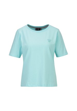 T-shirt bleu clair à manches courtes avec col ras du cou, petit logo ton sur ton sur le côté gauche de la poitrine et coupe décontractée.