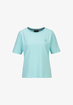 Hellblaues T-Shirt mit kurzen Ärmeln und Rundhalsausschnitt, kleiner Ton-in-Ton-Logo auf der linken Brust und lockerer Passform.