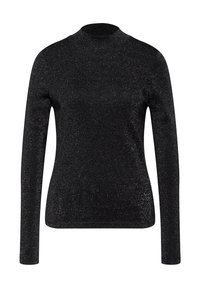 Musta pitkähihaista puseroa, jossa on pyöreä pääntie, valmistettu kiiltävästä, teksturoidusta kankaasta. Sujuva rakenne ilman näkyviä koristeluja tai kuvioita.