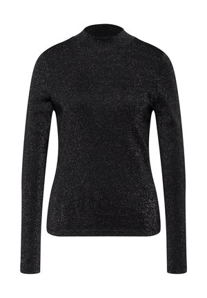 Top negro de manga larga con cuello redondo, confeccionado en una tela brillante y texturizada. Construcción suave sin embellishments ni patrones visibles.