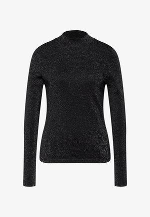 Top negro de manga larga con cuello redondo, confeccionado en una tela brillante y texturizada. Construcción suave sin embellishments ni patrones visibles.