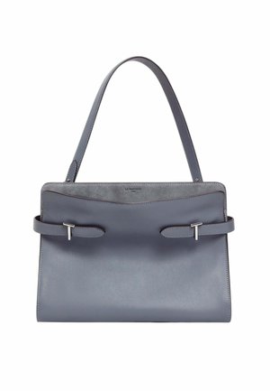 Gray leather handbag with a single strap, front pocket detail, and silver buckle accents, shown on a white background.