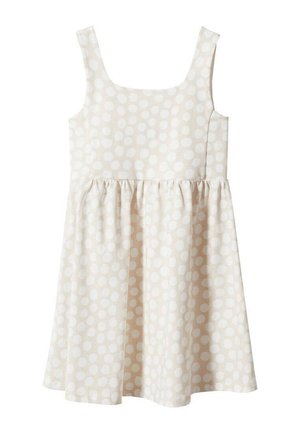 Ärmelloses cremefarbenes Kleid mit Rundhalsausschnitt und leichtem Polka-Dot-Muster, tailliertem Oberteil und gerafftem Rock.