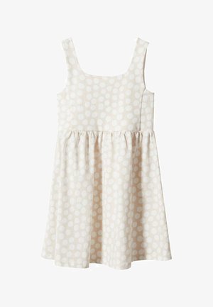 Ärmelloses cremefarbenes Kleid mit Rundhalsausschnitt und leichtem Polka-Dot-Muster, tailliertem Oberteil und gerafftem Rock.