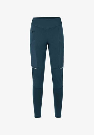 Navy blue athletic pants with a high waistband, zippered side pockets, textured panels, and slim fit design.