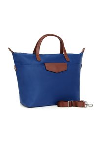 Borsa a tote blu navy con manici e dettagli in pelle marrone. Presenta una chiusura con zip e una tracolla rimovibile. Realizzata in nylon liscio e resistente.