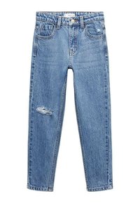 Blå högmidjade raka jeans med framknapp, fem fickor, bälteshällor och en slitning på vänster lår.