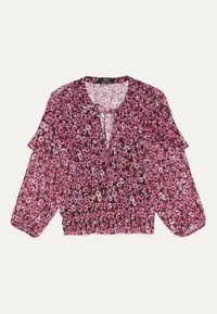 Bluzka z długim rękawem, przezroczysta, w różowy kwiatowy wzór stokrotek, z marszczonym dekoltem i talią oraz z wiązaniem z przodu.