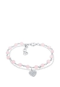 Rosenquarz-Perlenarmband mit Silberketten, ausgestattet mit einem herzförmigen Charm, der mit funkelnden Akzenten verziert ist. Verstellbarer Verschluss inklusive.