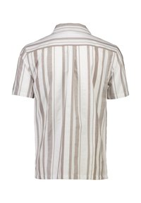 Camicia a maniche corte con colletto in tessuto a righe beige e bianche. Presenta una spallina sul retro e una texture sottile con una vestibilità rilassata.