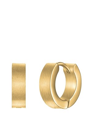 Gold-tone earrings, featuring a brushed finish. One pair is a narrow rectangular shape, the other is a rounded hoop with a secure clasp.