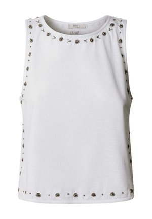 Haut blanc sans manches avec encolure ronde, décoré de petites clous métalliques le long du col, des côtés et de l'ourlet.