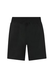 Pantaloni sportivi neri con una texture liscia, vita elasticizzata e un design semplice. Orlo piatto e senza tasche visibili o motivi.