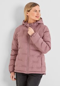 Padded jacket in mauve with a hood, featuring a front zipper, elastic cuffs, and a textured quilted design for warmth and comfort.