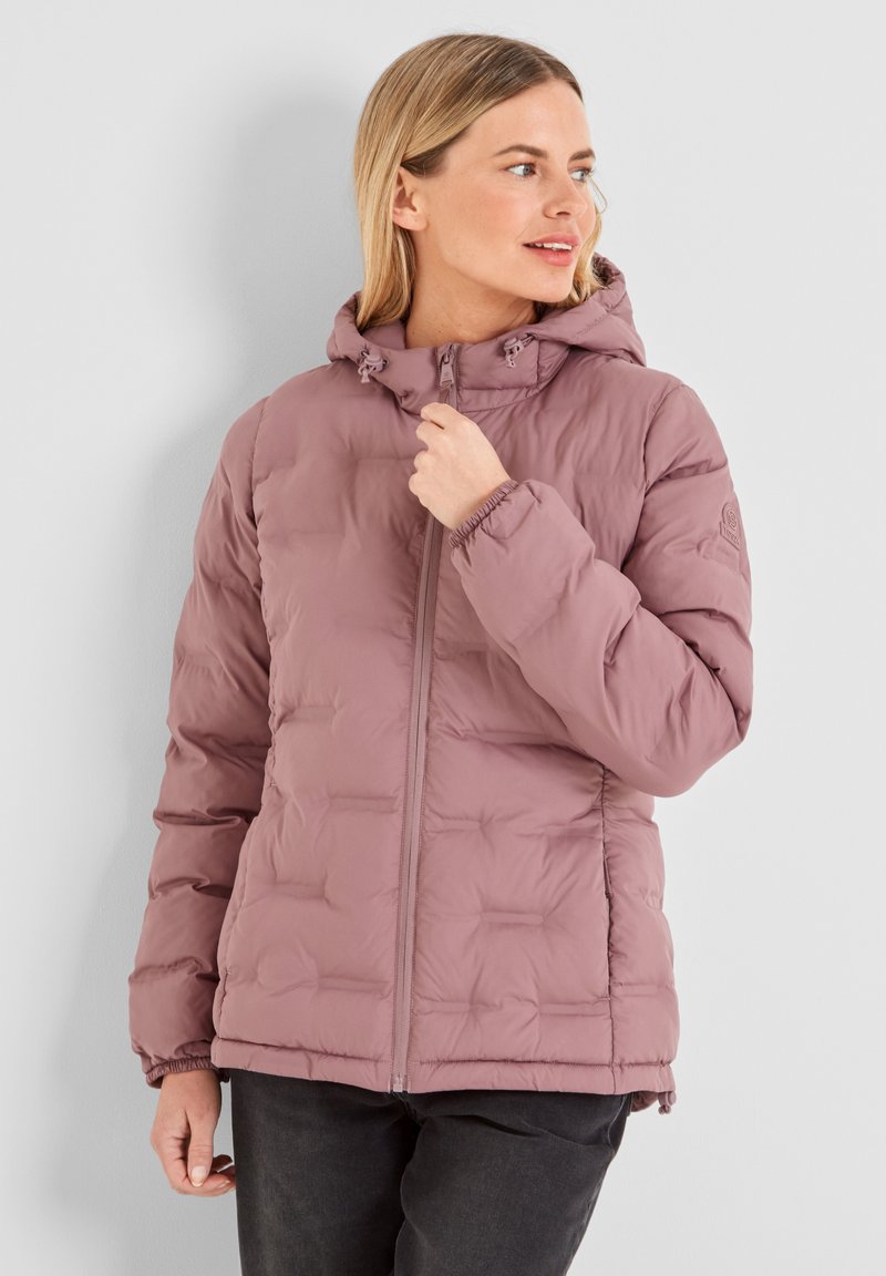 Padded jacket in mauve with a hood, featuring a front zipper, elastic cuffs, and a textured quilted design for warmth and comfort.