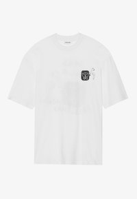 White cotton t-shirt with short sleeves, featuring a black graphic design of a butterfly and headphones on the left chest.