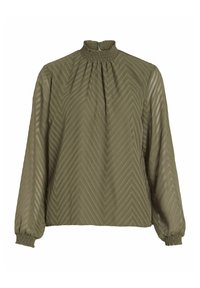 Blouse à manches longues vert olive avec un col montant, présentant un motif en chevron et des poignets froncés, fabriquée dans un tissu texturé et léger.