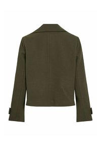 Olijfgroene jas met een kraag, cropped ontwerp, lange mouwen en knoopmanchetten. Gladde textuur en minimalistische stijl zonder patronen.