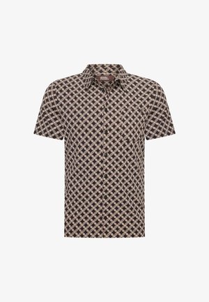 Korte mouwen overhemd met geometrisch cirkelpatroon in tinten bruin, beige en wit, met een borstzak en kraag.