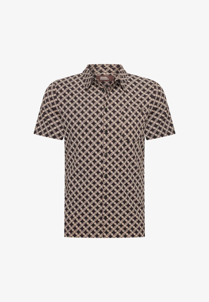 Koszula z krótkim rękawem z guzikami, ozdobiona geometrycznym okrągłym wzorem w odcieniach brązu, beżu i bieli, z kieszenią na piersi i kołnierzykiem.