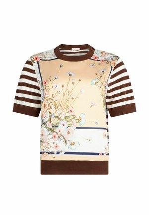 Maglia a maniche corte con righe marroni e bianche sulle maniche e stampa floreale sulla pannello frontale beige. Colletto e orlo a costine marroni.