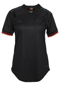 Svart fotbollströja med korta ärmar, med meshdetaljer, svart krage och röda, gula och svarta accenter på ärmarna. adidas och logotyp närvarande.